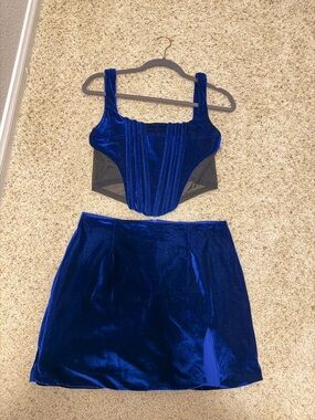 Rumored Royal Blue Velvet Mini Skirt and corset top - both size M